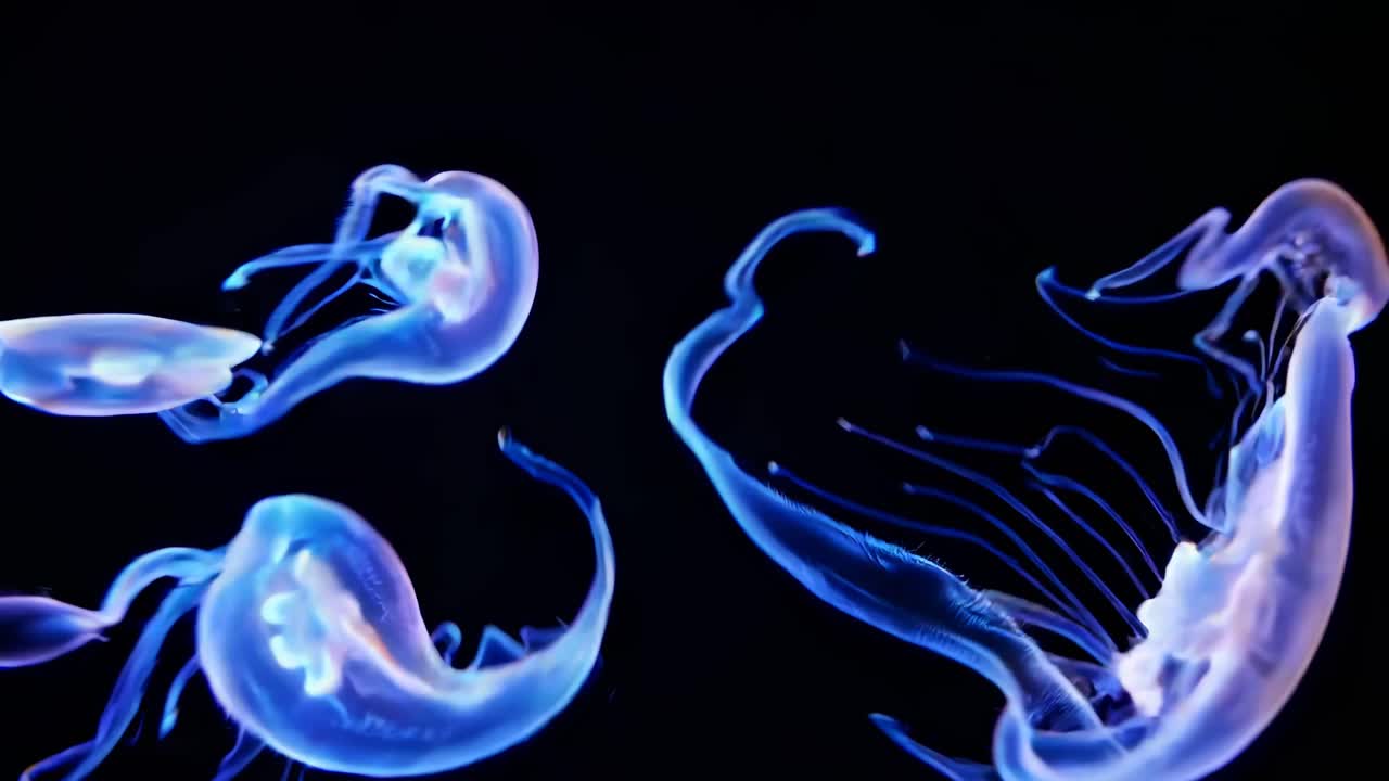 A mesmerizing underwater video captures two glowing jellyfish in a side view