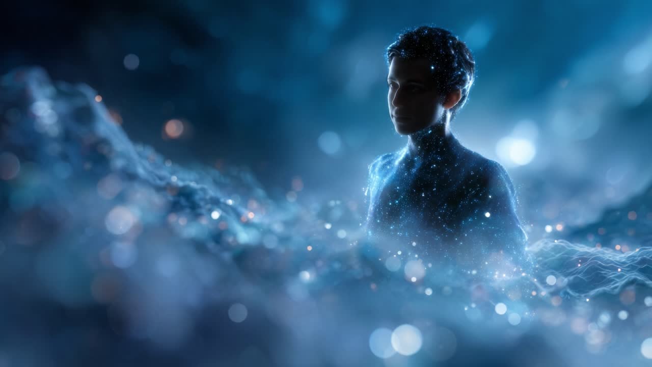Uma figura jovem emerge de uma paisagem mística preenchida com luzes cintilantes e ondas etéreas, criando uma sensação de admiração e beleza de outro mundo na cena