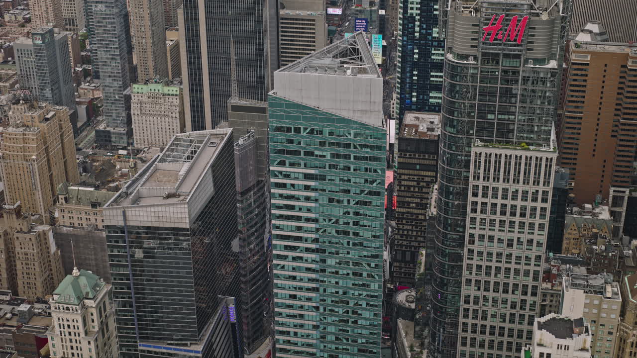 Aerial View of Times Square, New York City, Featuring Skyscrapers and Bustling Streets