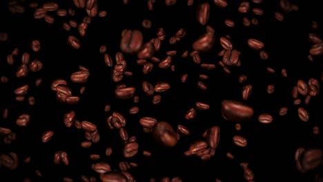 flying many coffee beans on black background. caffeine drink, breakfast, aroma. 3d animation of roasted coffee beans rotating. loop animation.