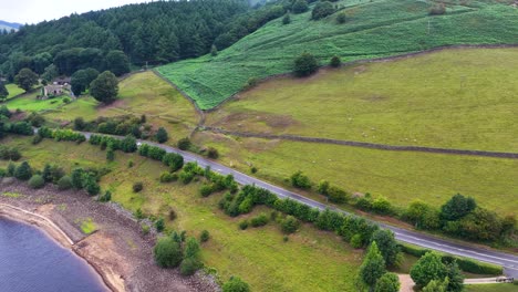 drone footage glides over a winding rural road, green hills, and a reservoir shoreline in upland england. overcast daylight, smooth lateral camera movement