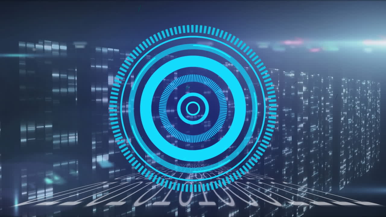 Animation of digital interface and falling icons over dark background