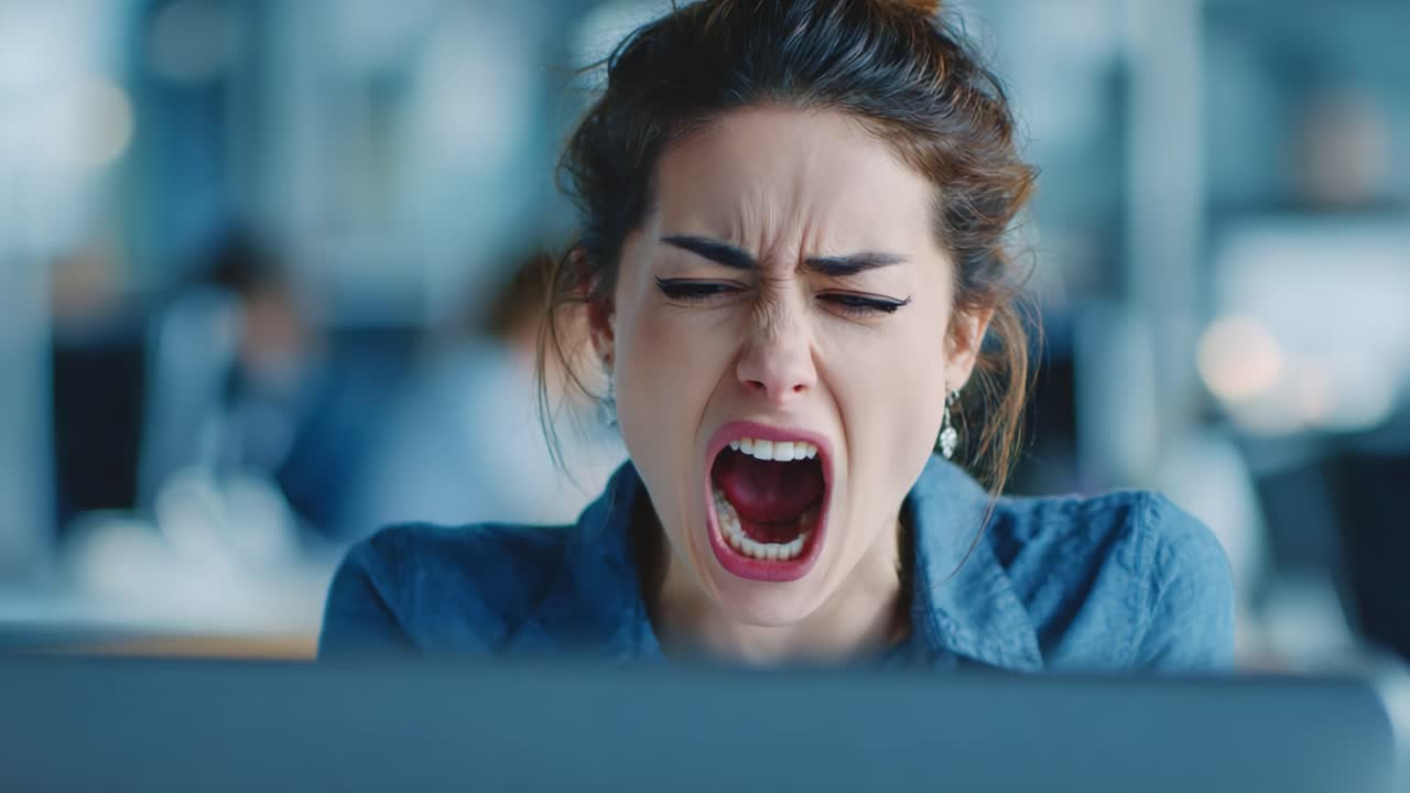 Intense Emotion Captured: A Woman's Frustration and Exhaustion as She Yells at Her Computer Screen in a Busy Office Environment, Signifying Stress and Overwhelm
