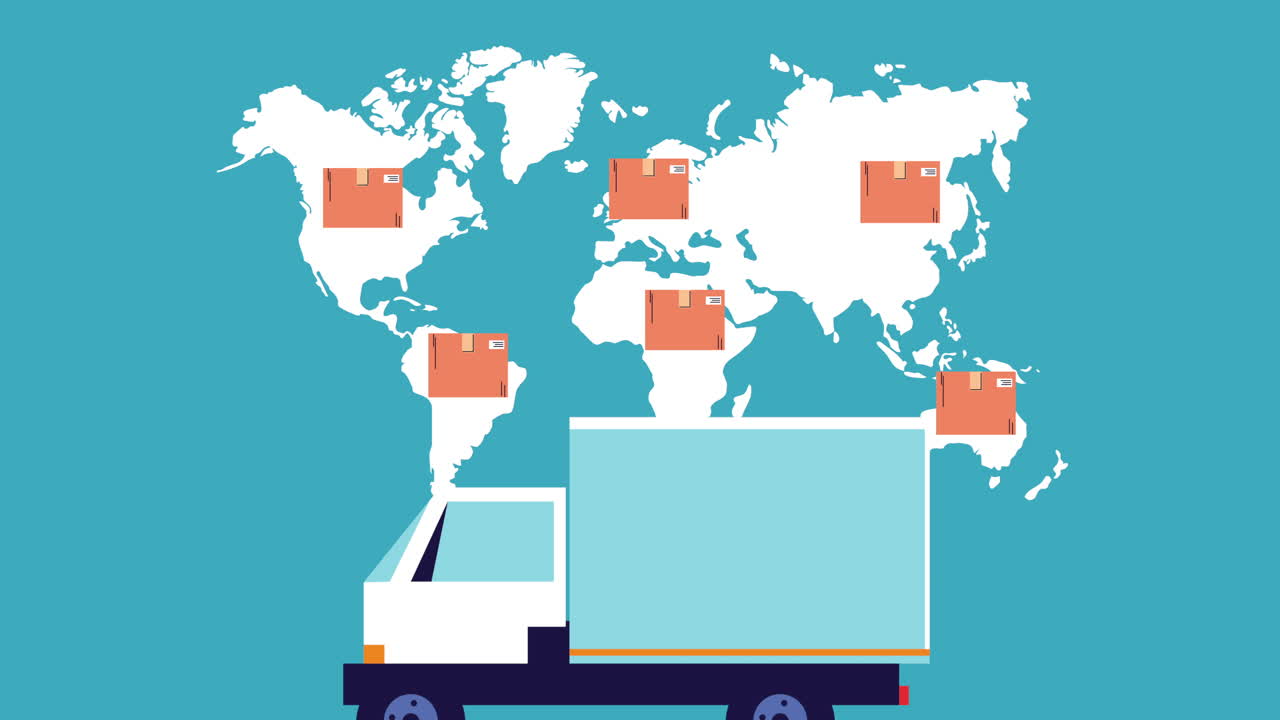 상자 애니메이션과 함께 배달 서비스 트럭