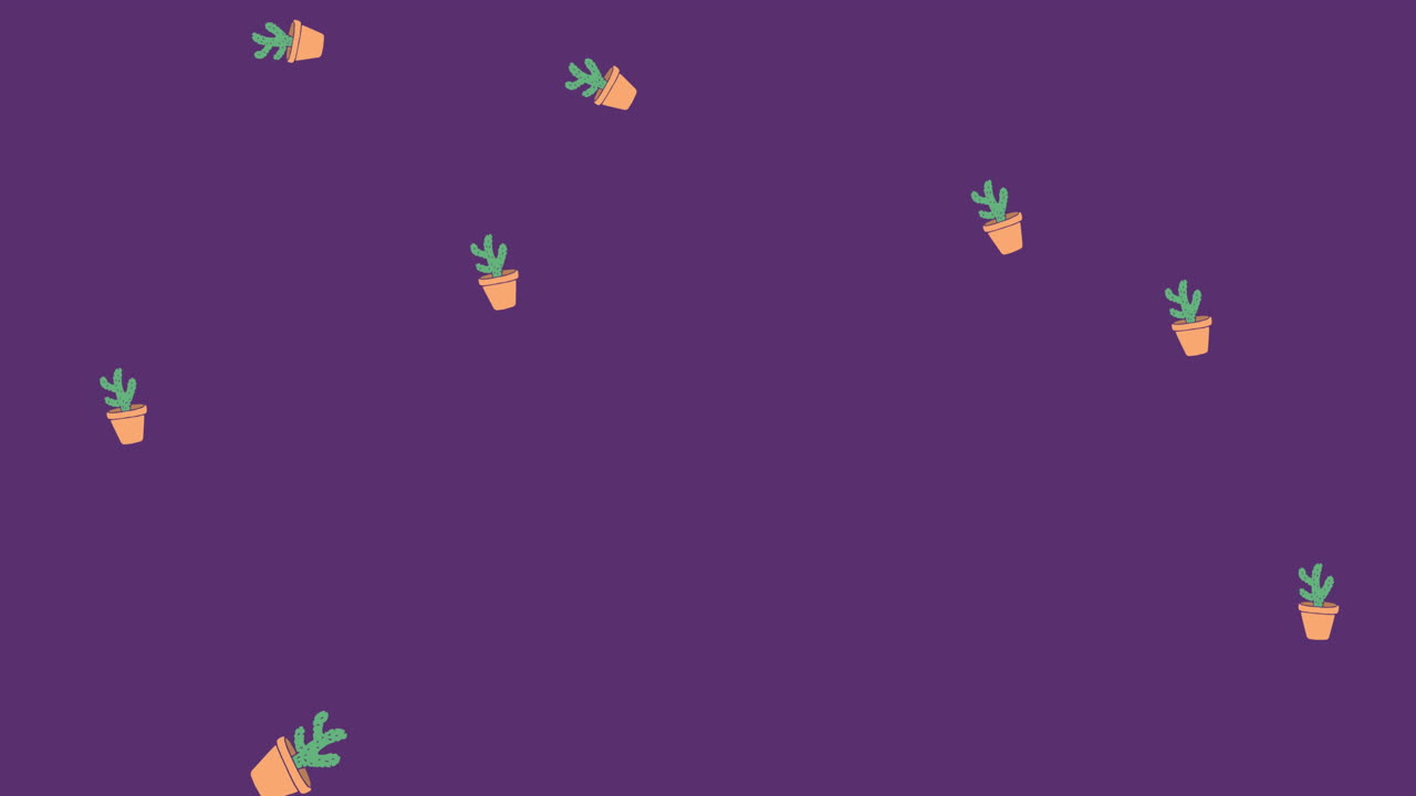 animación de la ilustración de cactus en macetas que caen sobre un fondo púrpura