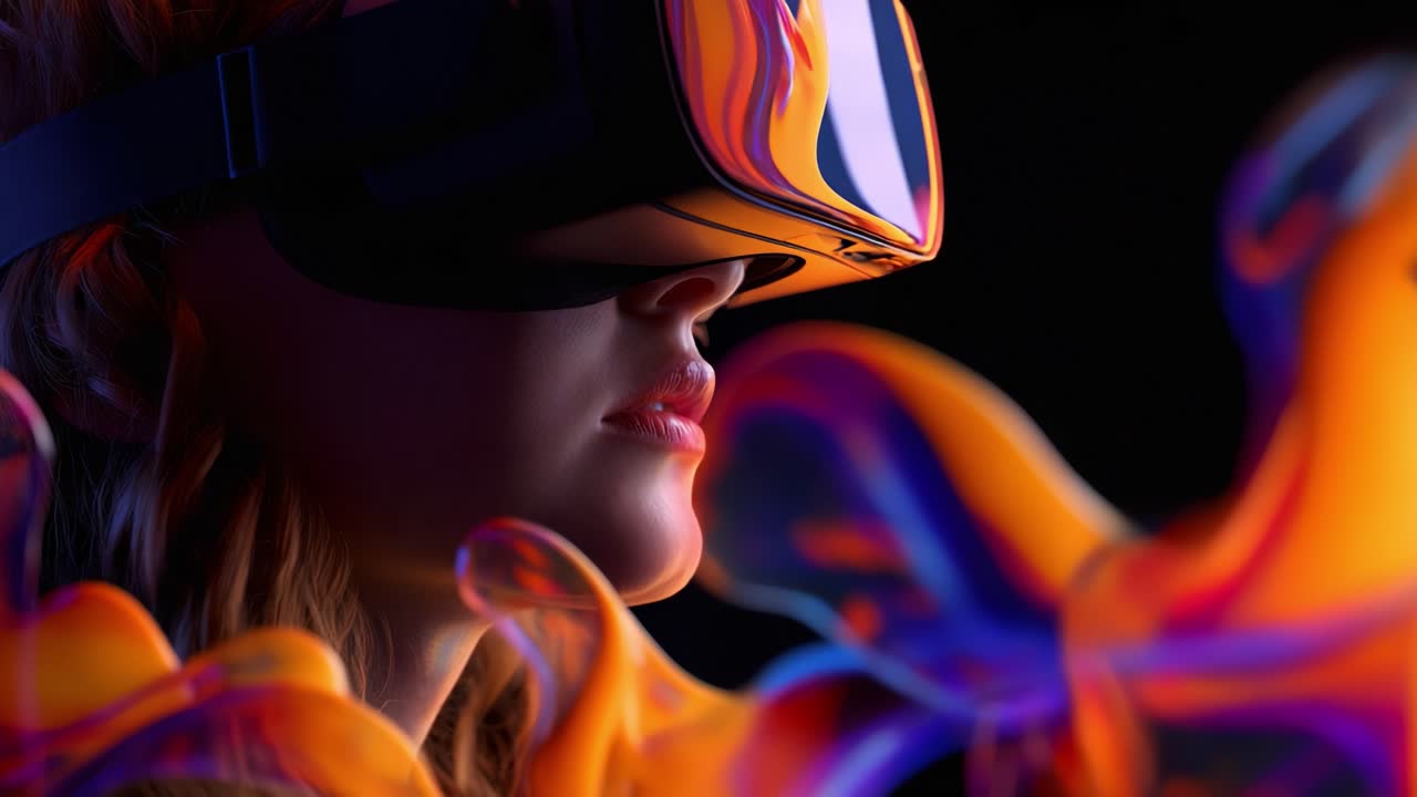 A futuristic exploration of immersive virtual reality experiences captured through the innovative interplay of vivid colors and dynamic shapes, enhancing the visual storytelling of technology