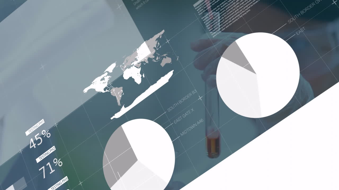Two professionals collaborating at office desk, showing finance data with pie chart and bar graph