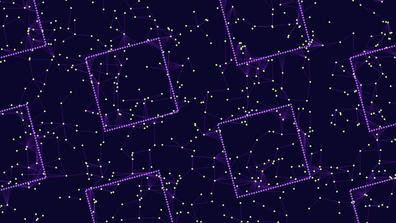 diseño geométrico cuadrícula púrpura y azul con cuadrados conectados en fondo oscuro