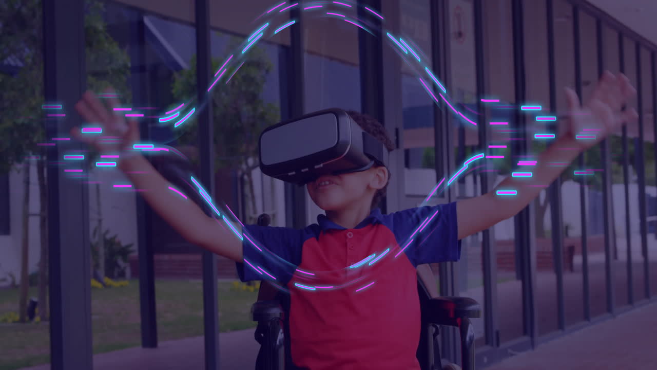 Animation of blue shapes moving over caucasian schoolboy using vr headset