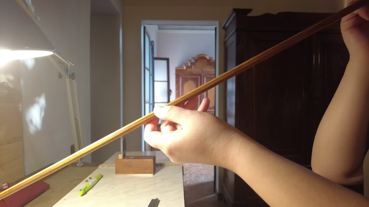 Primo piano di un’artigiana che controlla l’allineamento e la campanatura di un’asta di archetto per violino in pernambuco, osservandone il fusto su un banco da liutaio, per illustrare il controllo di precisione nella fabbricazione di strumenti a corda