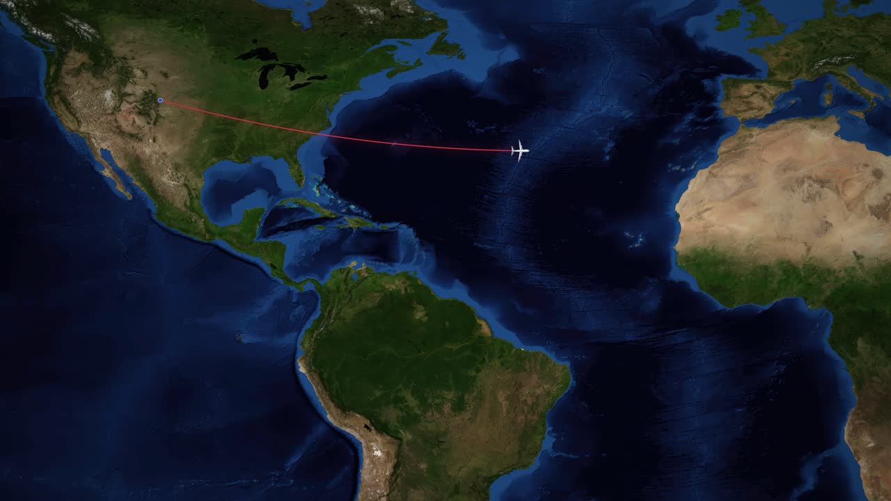 Satellite world map animation shows a plane flying from Denver to Casablanca over the ocean