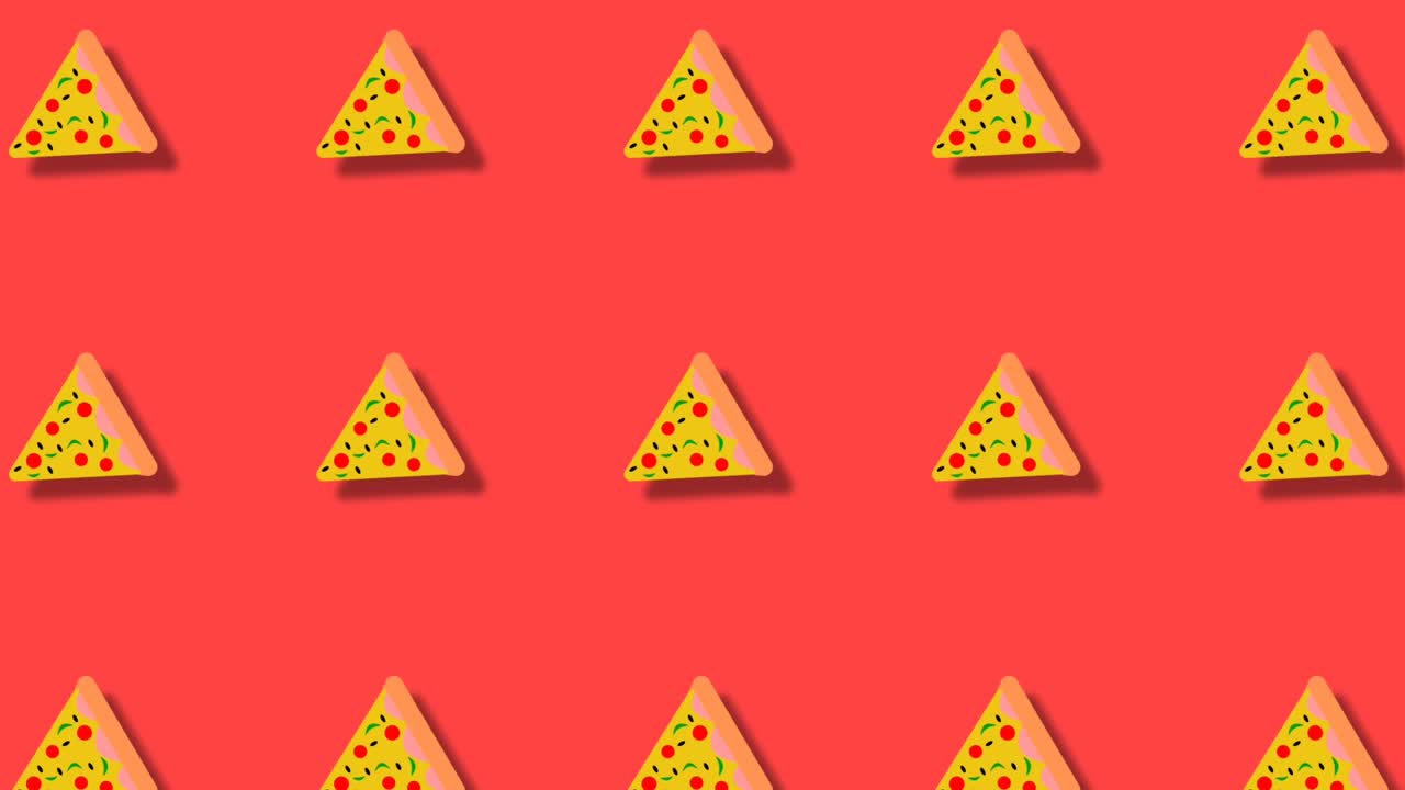 animación flotante de especias de pizza triángulo aislada en fondo rojo con sombra 3d. ilustración de pizza sin costuras.