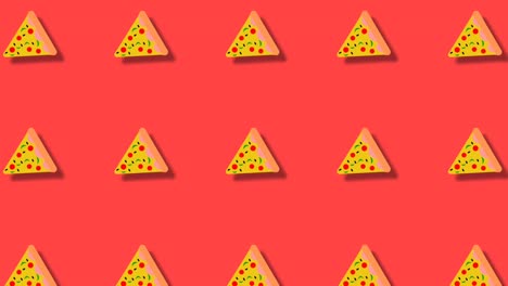 animación flotante de especias de pizza triángulo aislada en fondo rojo con sombra 3d. ilustración de pizza sin costuras.