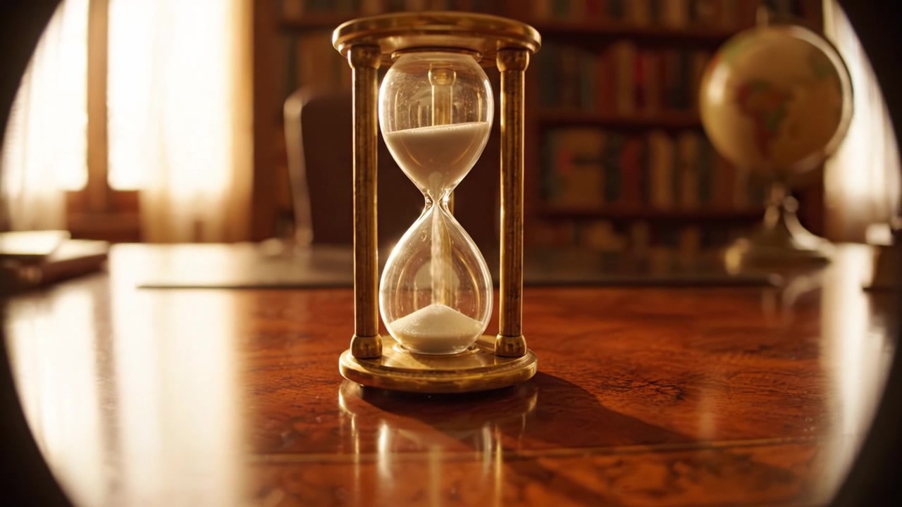 Una clessidra splendidamente realizzata che cattura l'essenza del tempo in un ambiente accogliente e intellettuale, con illuminazione calda e arredi in legno pregiato.