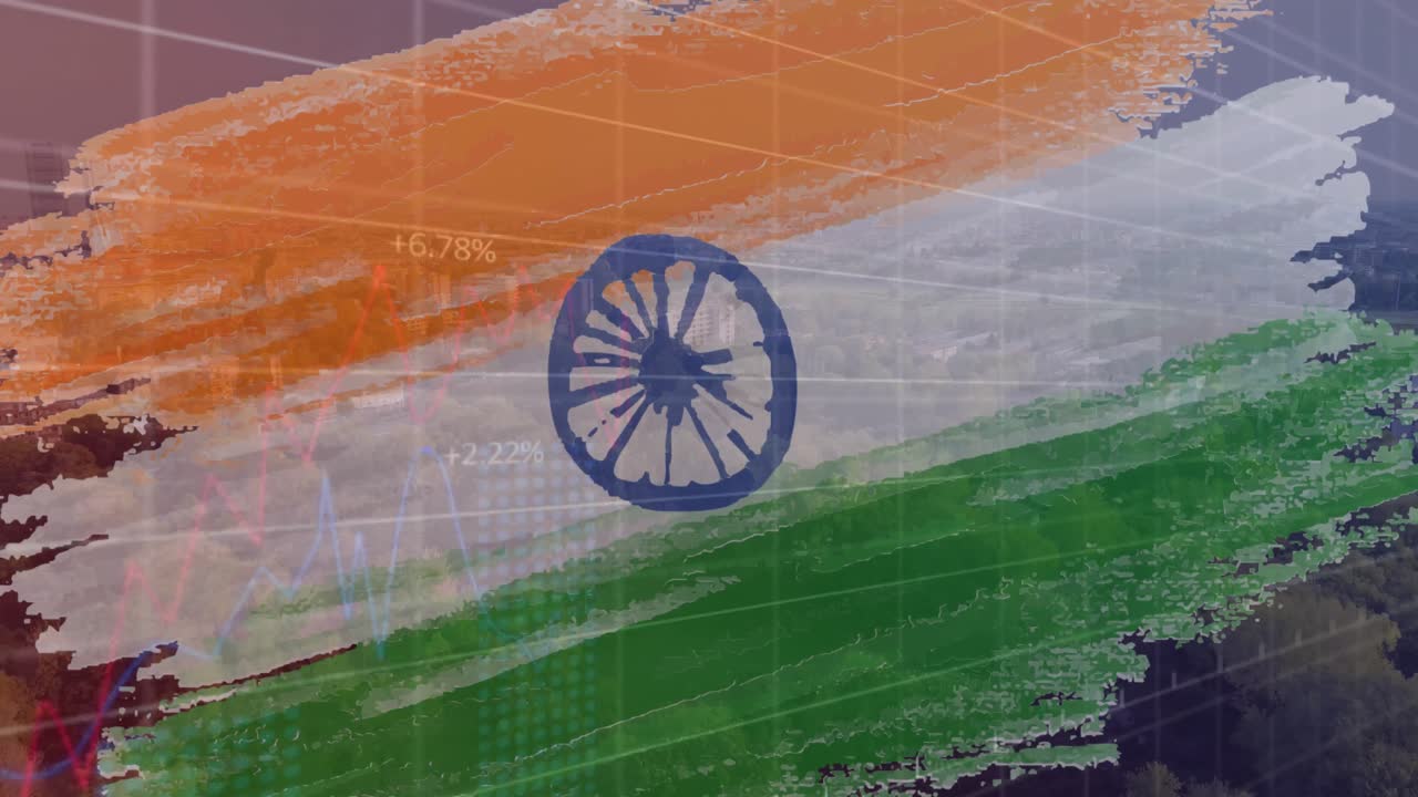 animación de gráfico con procesamiento de datos financieros sobre la bandera de la india
