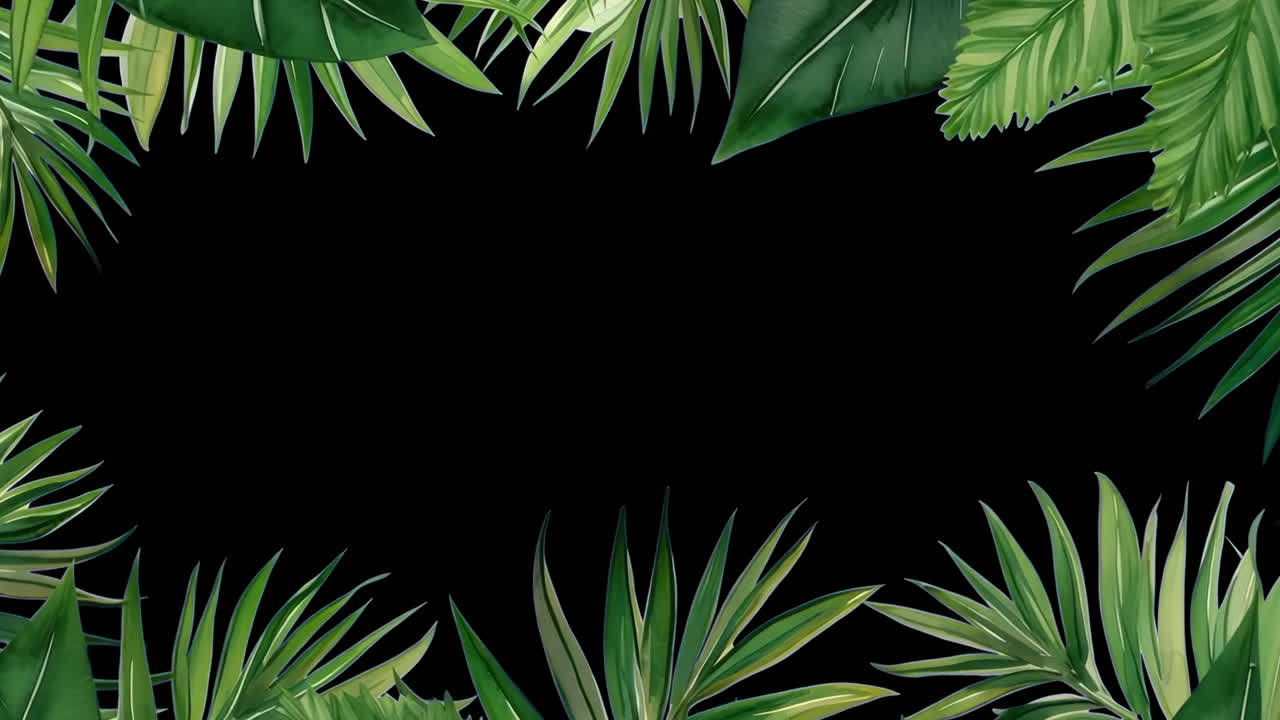 Tropical leaves border design animated overlay, transparent 4K video, alpha channel, ProRes 4444