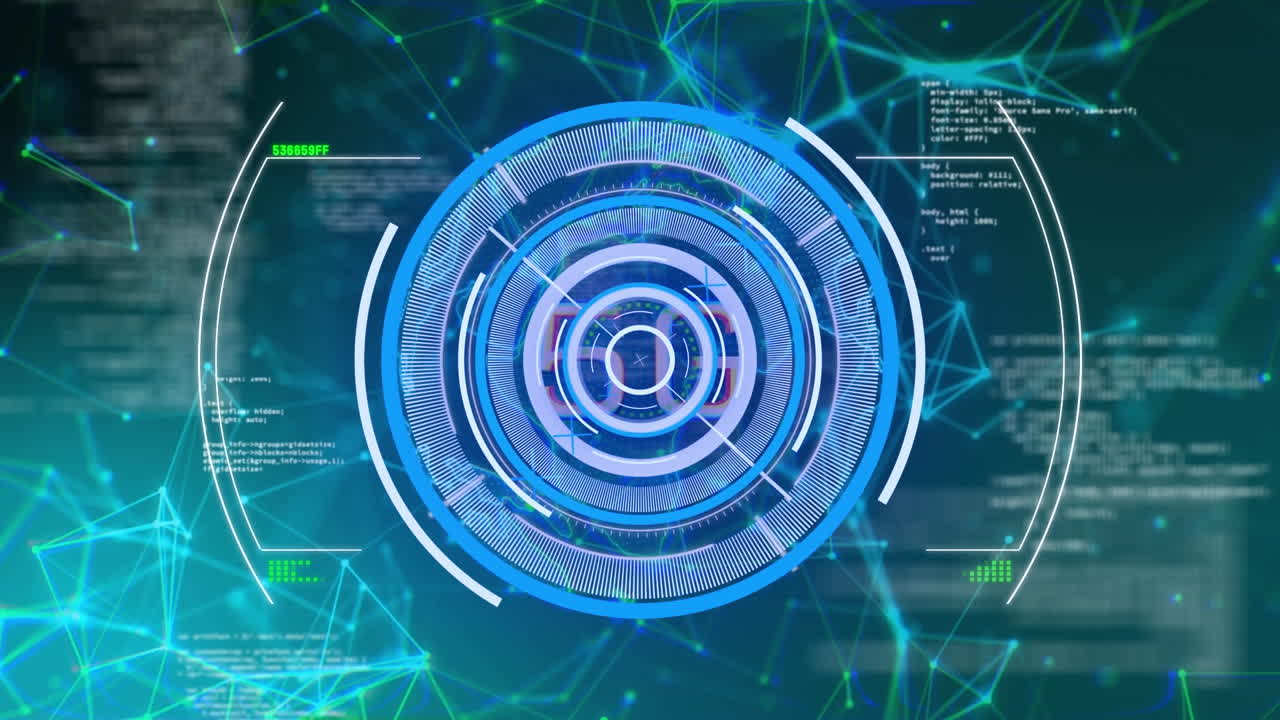 animación del escaneo de alcance sobre escáner redondo, procesamiento de datos y red de conexiones.