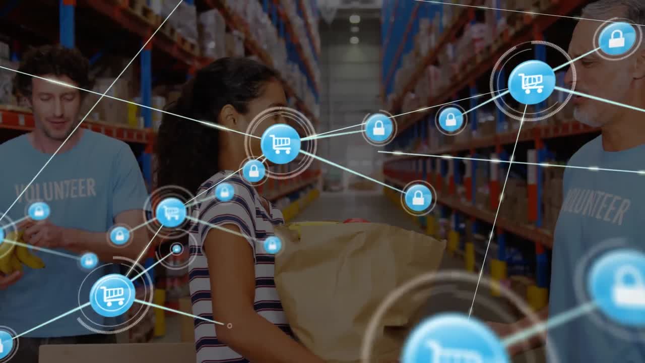 animación de iconos que se conectan con líneas sobre diversas mujeres dando paquetes a hombres en el almacén.