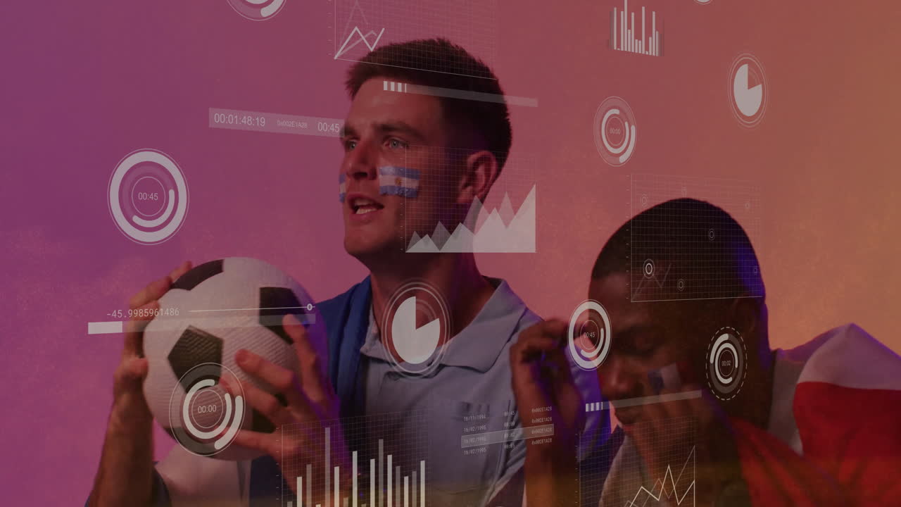 animación de gráficos que procesan datos sobre diversos aficionados al fútbol masculino con banderas francesas en las caras