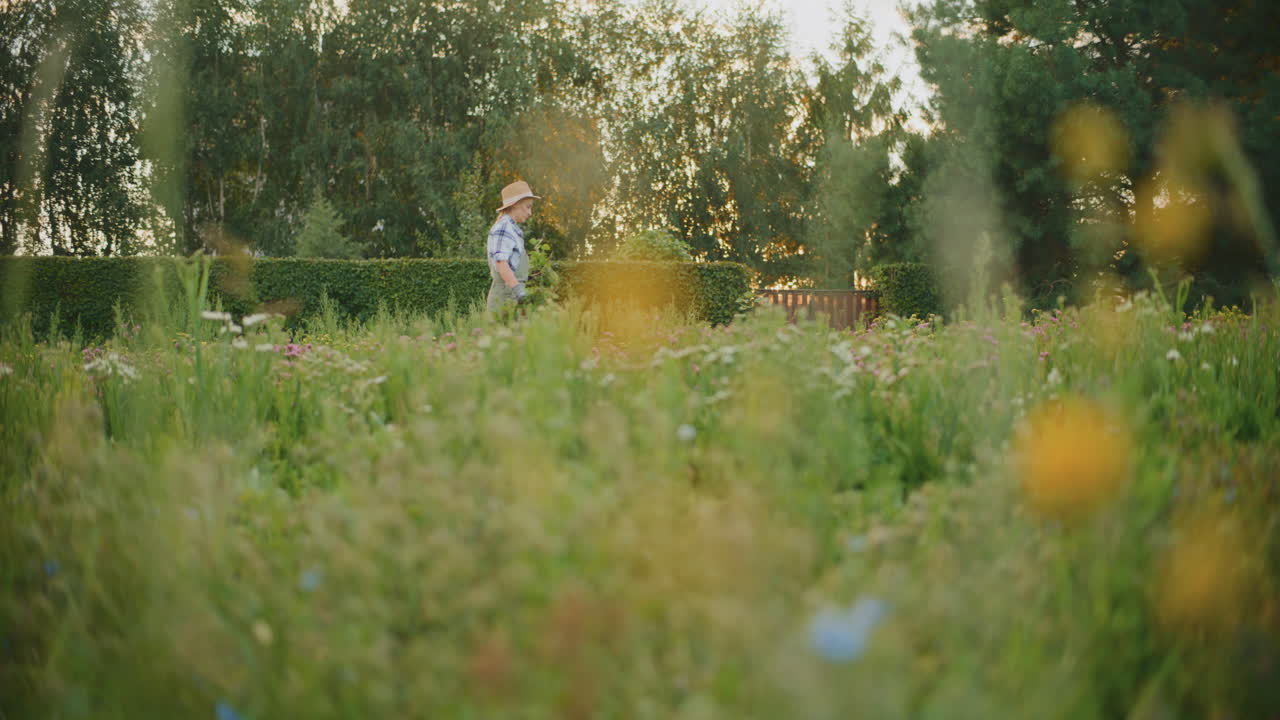 mujer jardinería en un hermoso campo de flores