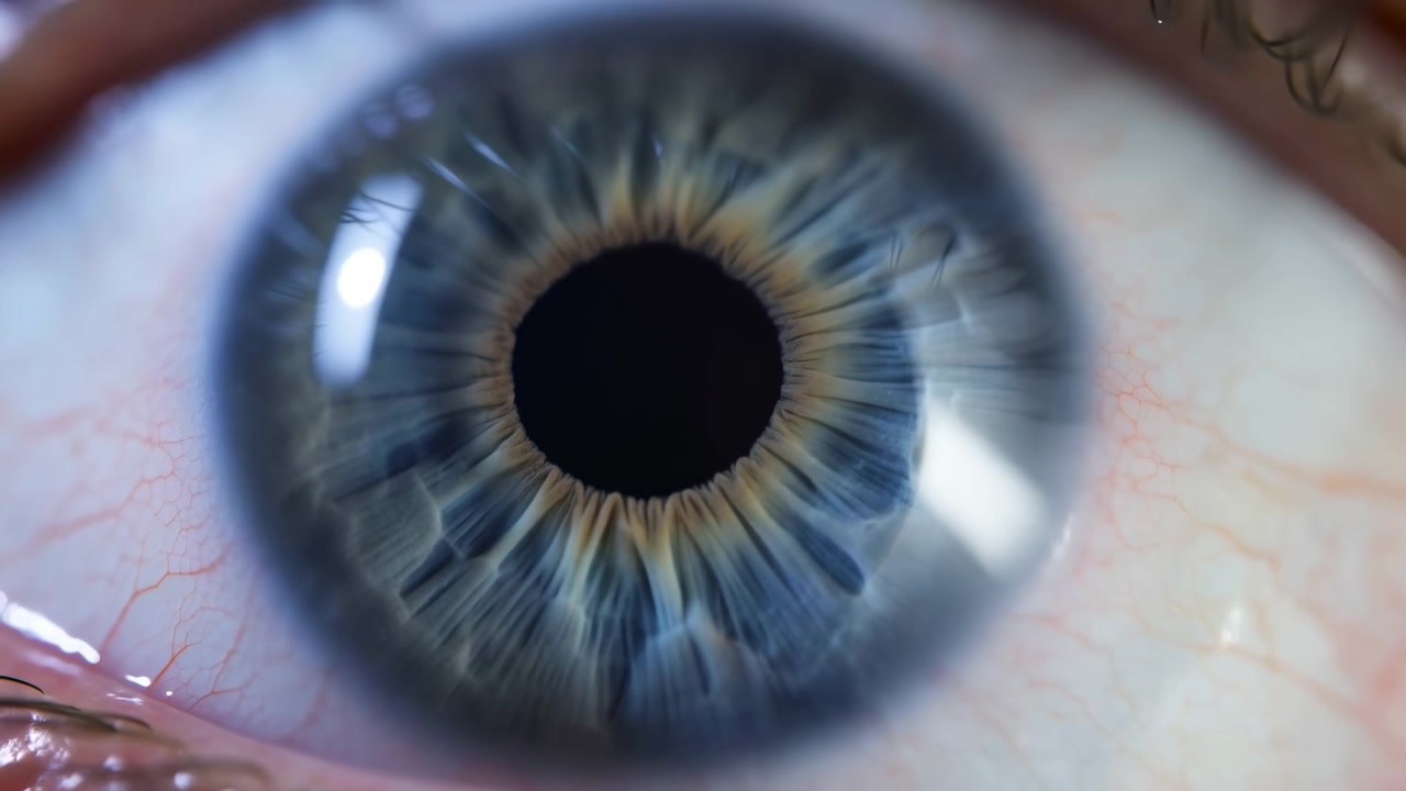 Una stretta vista macro di un occhio umano con un'iride blu, pupilla scura e ciglia visibili. Riflessi luminosi e una texture della pelle fine creano un'immagine chiara e realistica