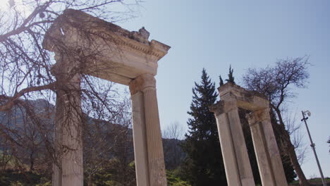 looking up at ancient pillars through a tree in ephesus with a lens flare