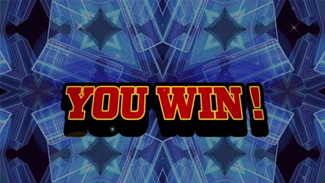 animation of you win text over colorful moving kaleidoscopic shapes on dark background