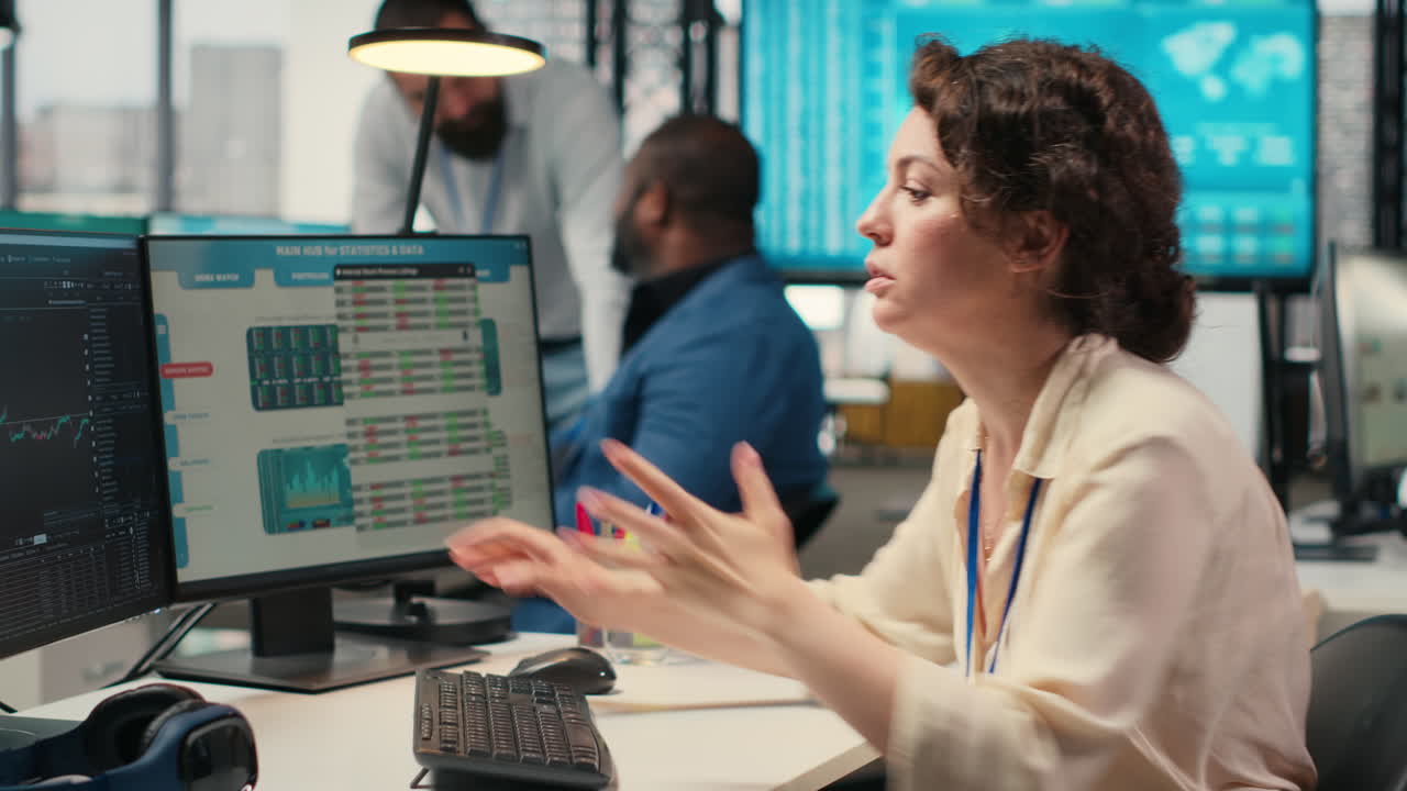 Vertical Video Stressed woman advisor looks at stock crash trends market fall