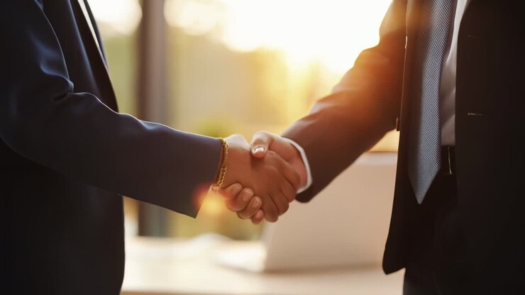 Low-angle video shot of two businesspeople shaking hands in a sunlit office setting