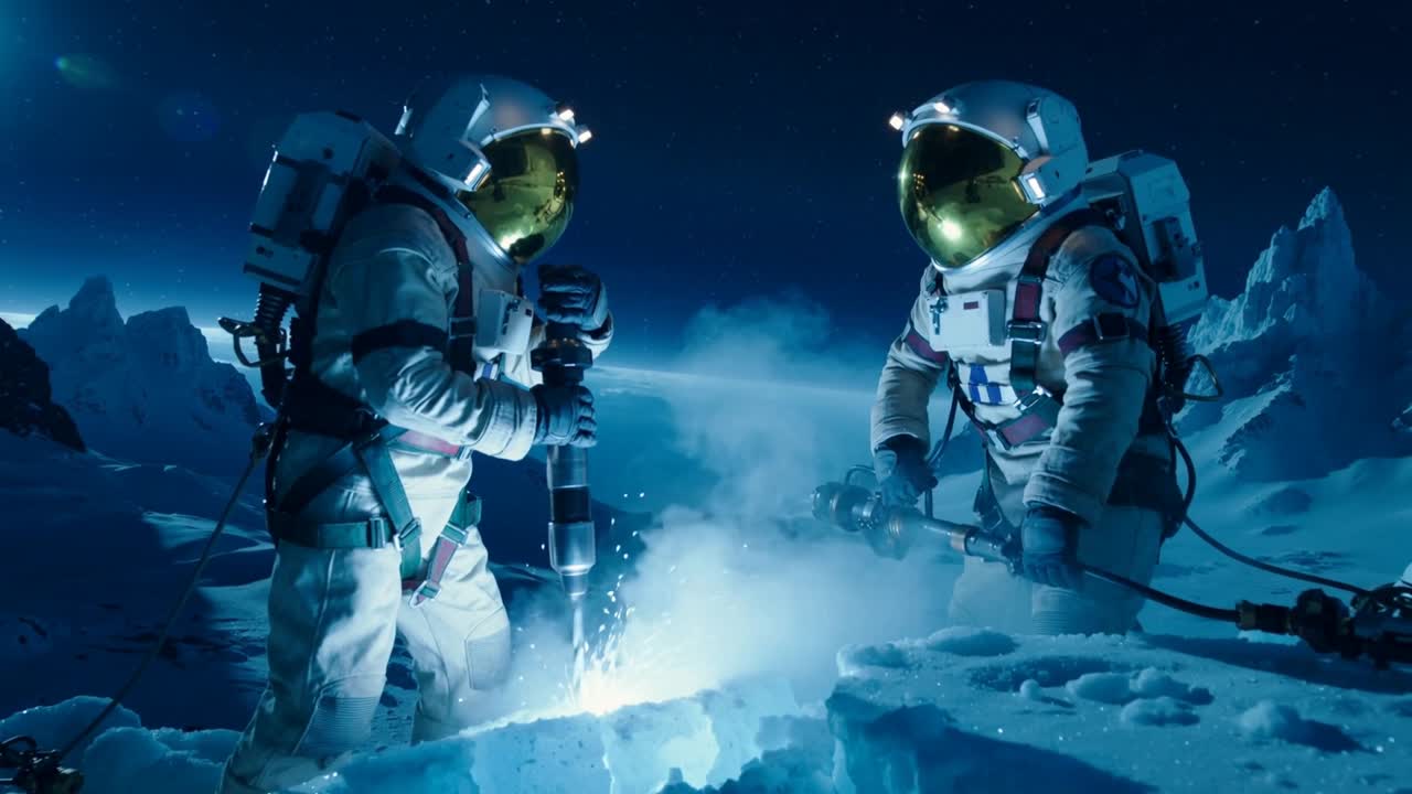 Poraus, kun pora osuu halkeamaan jäisellä kuulla, avaruuspukuiset astronautit vakauttavat sauvaa paljastaakseen sisäisen hehkun.