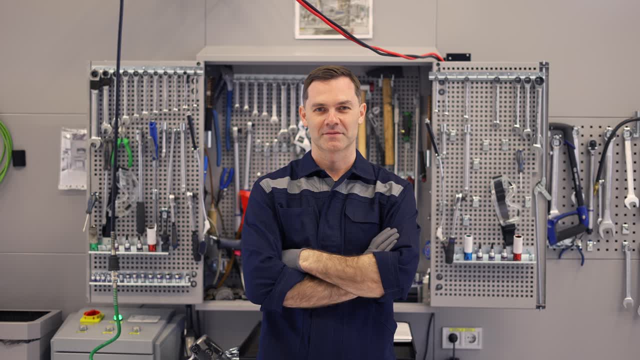 Portrait of a car mechanic in a car workshop in uniform with equipment on the background