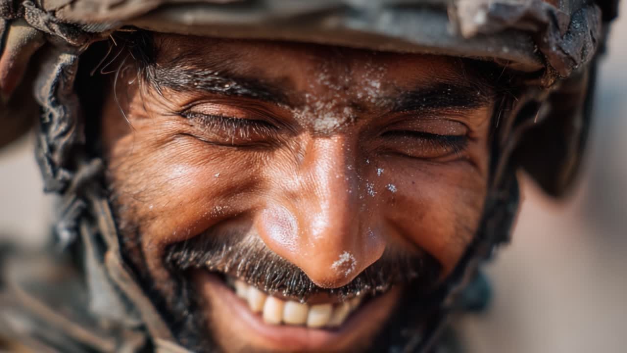A Joyful Moment Captured: An Intimate Close-Up of a Soldier's Smile, Reflecting Resilience and Camaraderie Amidst Challenging Circumstances