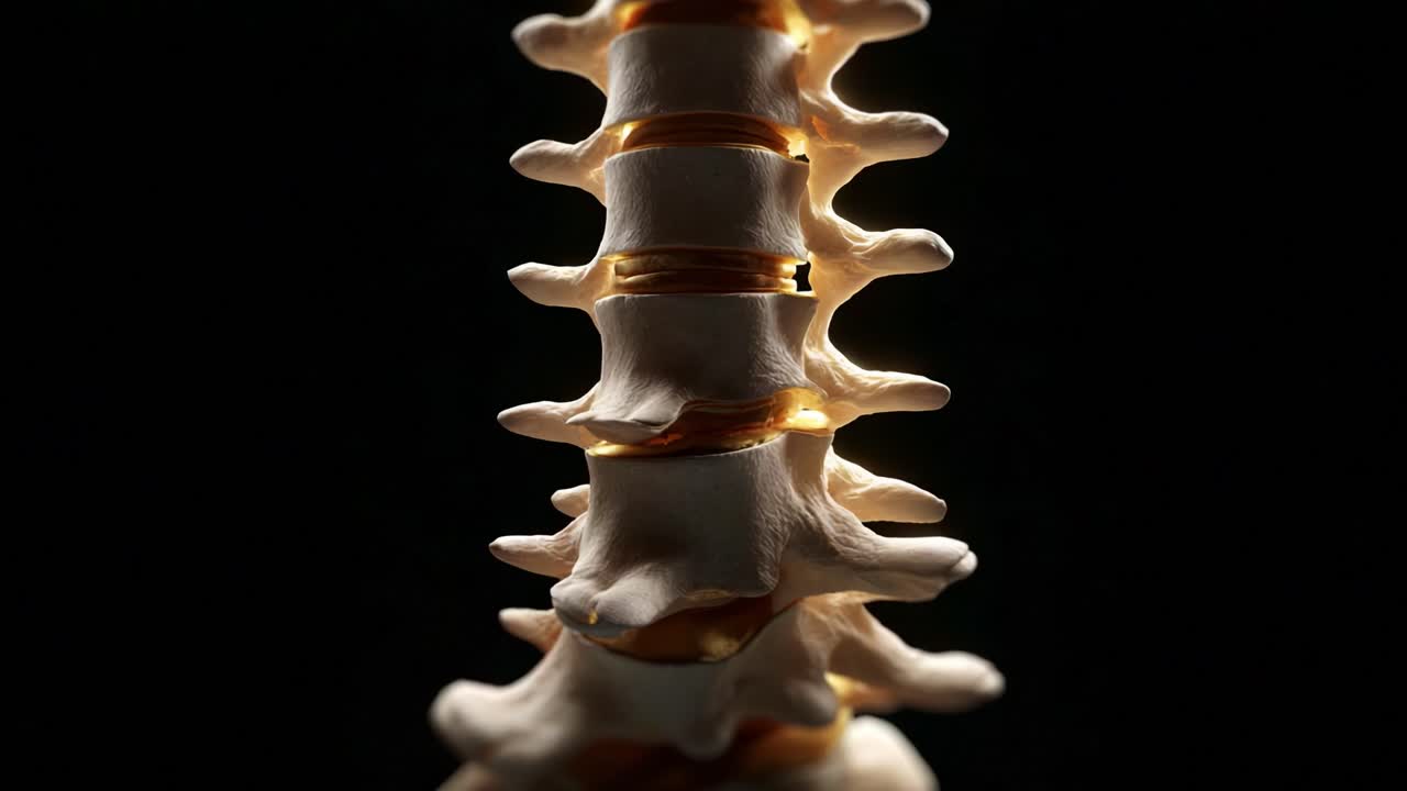 Detailed View of a Human Spine Highlighting its Structure and Intervertebral Discs with Stunning Lighting to Emphasize the Anatomy and Functionality of the Vertebral Column