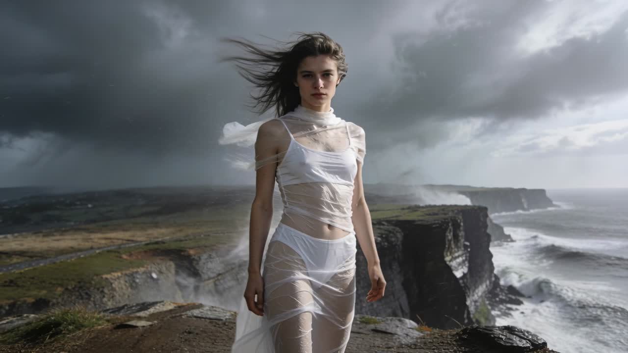 Standing model posing for shoot and stepping on rocky cliff as gusts whipping sheer dress, scarf