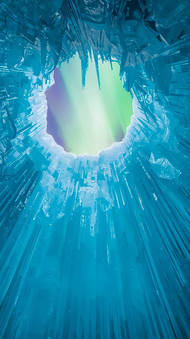 Vertical video: Revealing circular ice skylight, camera pan widening green aurora glow inside shaft