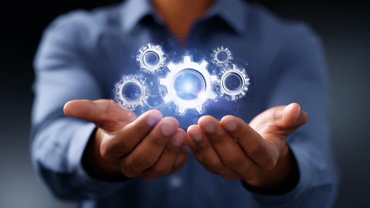 A person holds a glowing orb surrounded by metallic gears in their hands, symbolizing innovation, technology, and the fusion of machinery with human ingenuity in a captivating visual representation