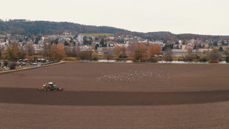 bloqueo de gaviotas que siguen a un tractor en tierras de cultivo