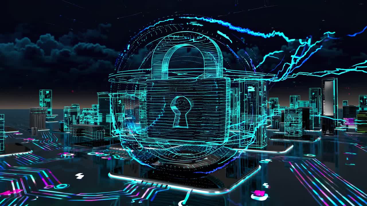 Futuristic video concept of digital security with a glowing lock