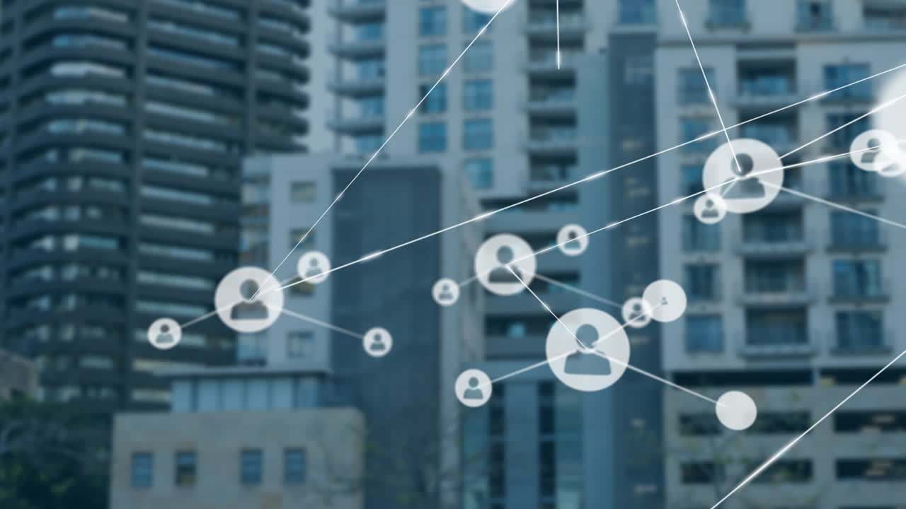 animación de la red de conexiones con iconos sobre el paisaje urbano