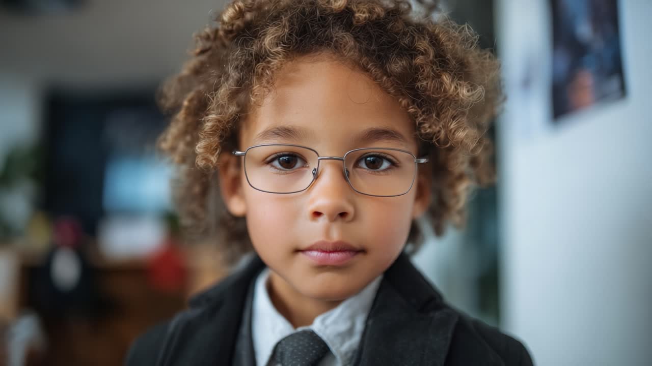 Ragazzo giovane e sicuro di sé in abbigliamento formale, occhiali e capelli ricci, che posa con espressione concentrata in un ambiente interno, enfatizzando stile e raffinatezza