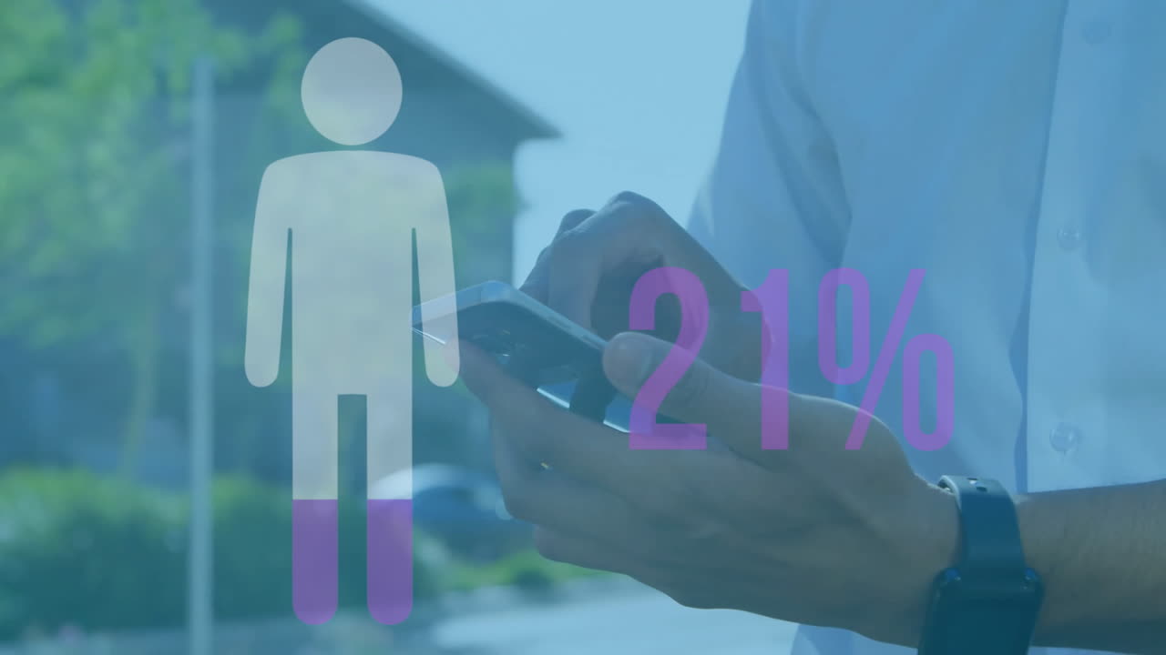 persona que utiliza un teléfono inteligente con una animación estadística del 32% superpuesta