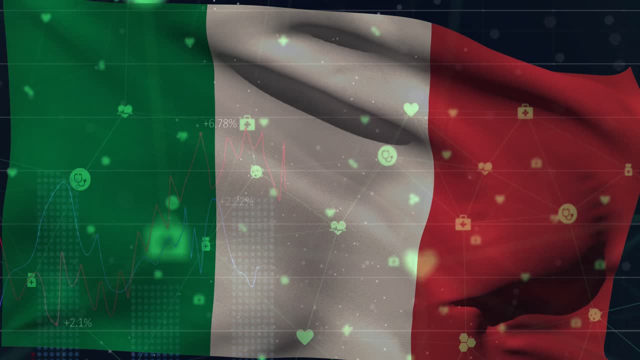 Animazione di elaborazione dati sulla bandiera italiana.