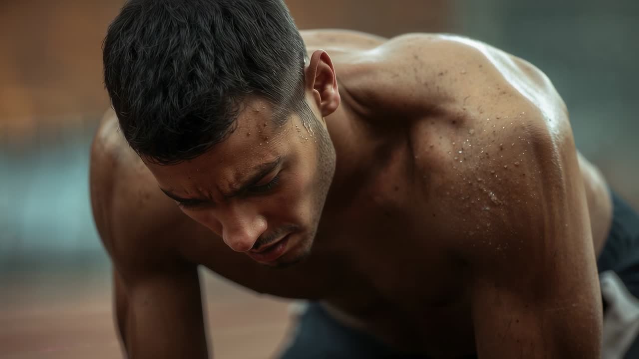 Vertical video: Man doing pushup in gym, exhaling then lifting head for rest with HR overlay rising