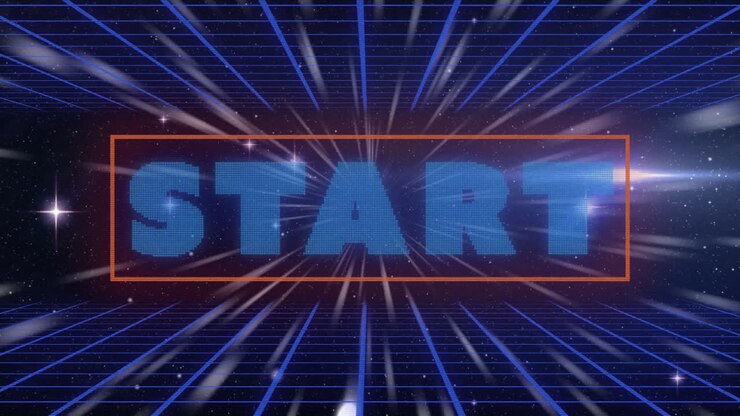 Animation of start text over neon lines and light trails background