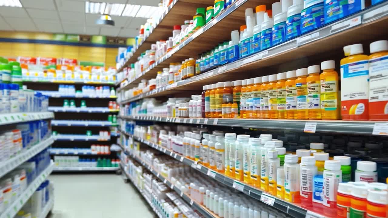 Shelves of medication and drugs in a pharmacy store