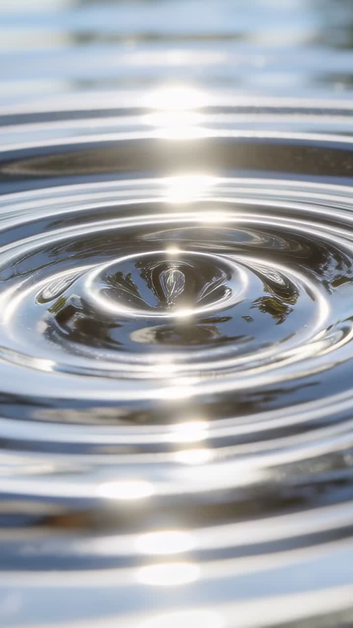 Vídeo vertical: Água ondulando no centro, formando anéis e pequeno respingo de gota em lagoa, com o brilho do sol.