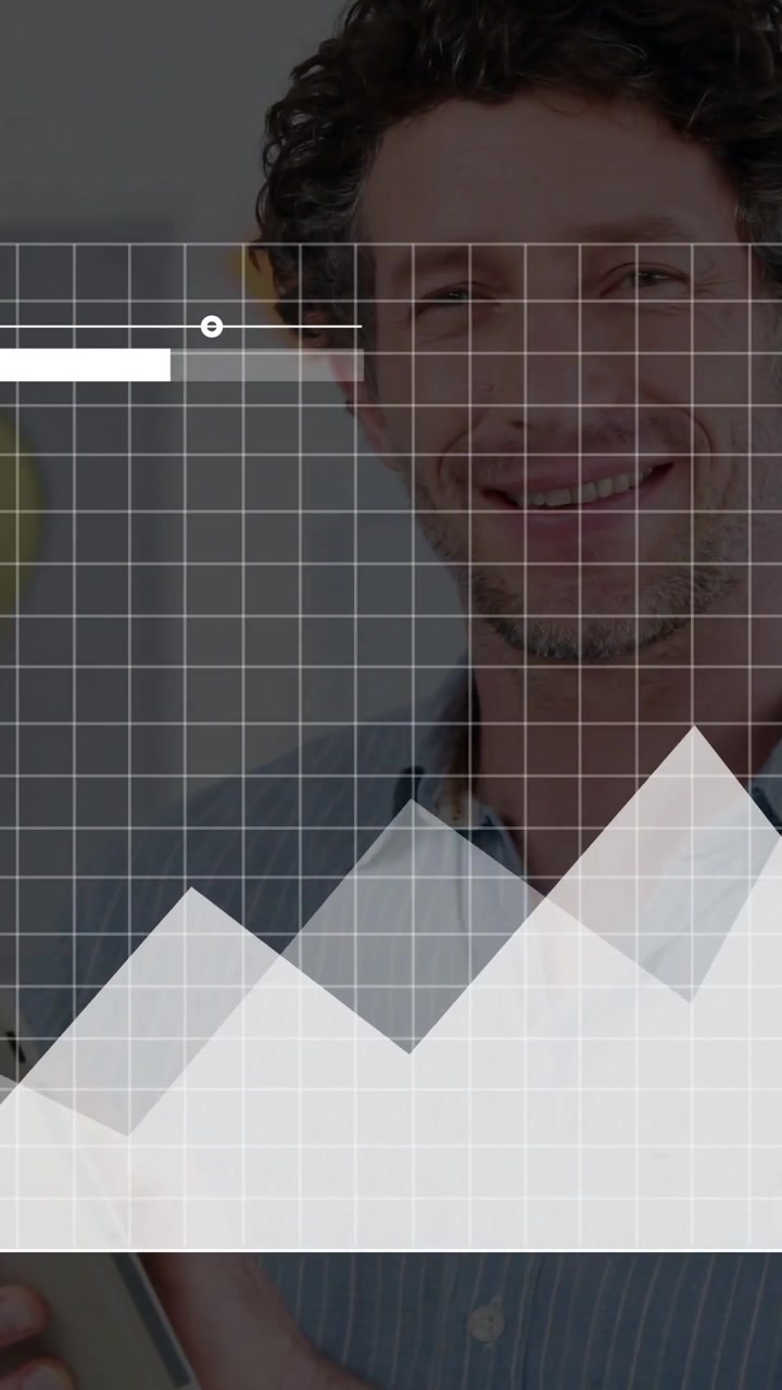 Vertical video: Man tapping device, emerging behind faint grid chart as slider sliding in tech demo