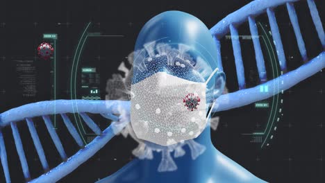 Animación-De-La-Cadena-De-Adn-Girando-Con-Células-Covid-19,-Modelo-Humano-Con-Mascarilla-En-El-Fondo-Oscuro