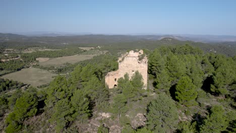 Slow-orbital-drone-view-over-the-ruins-of-Santa-Barbara-Hermitage-among-pine-trees-on-top-of-the-hill-in-Monroyo,-Teruel-Region,-Spain