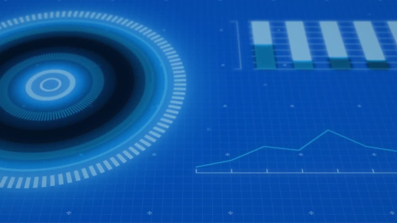 Animation of interface with round scanner and data processing against blue background